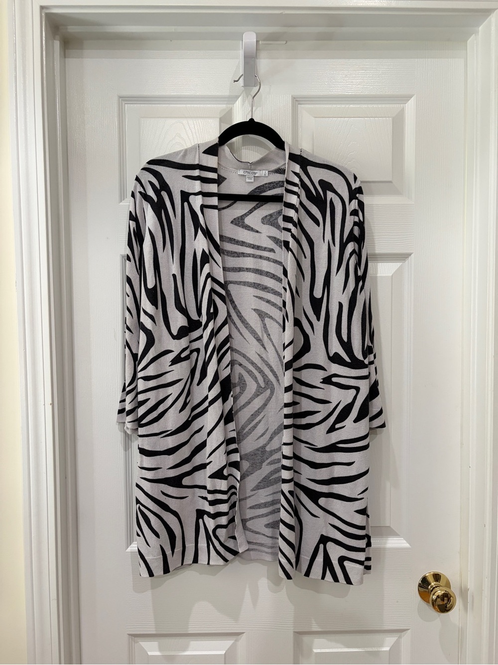 Chico's Black and White/light grey Zebra-Style Open Cardigan